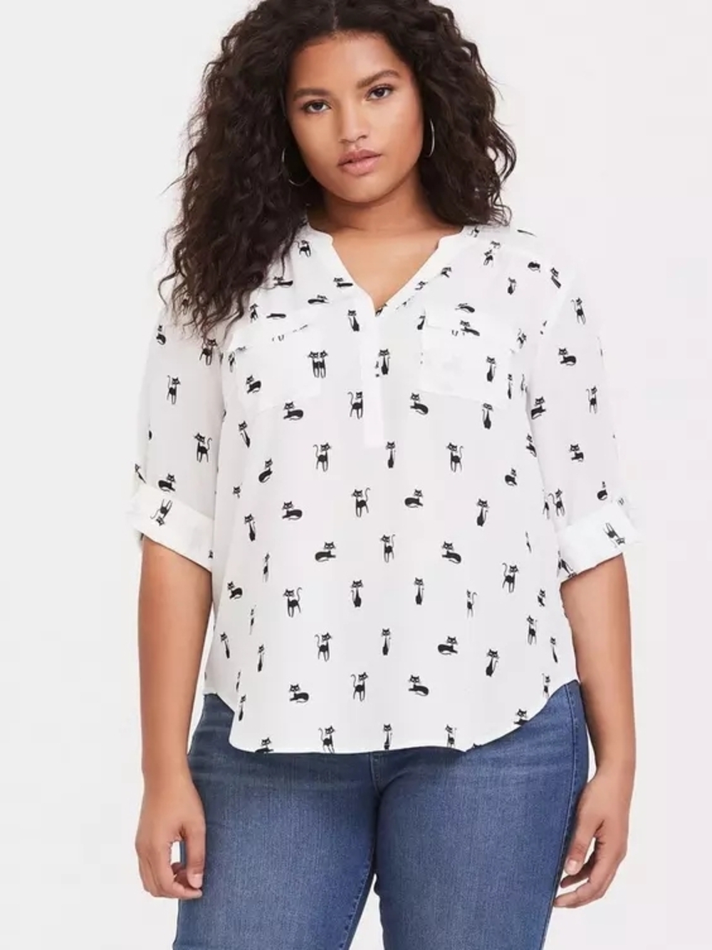 torrid White Plus Size Blouse with Black Cat Print Harper Size 2
